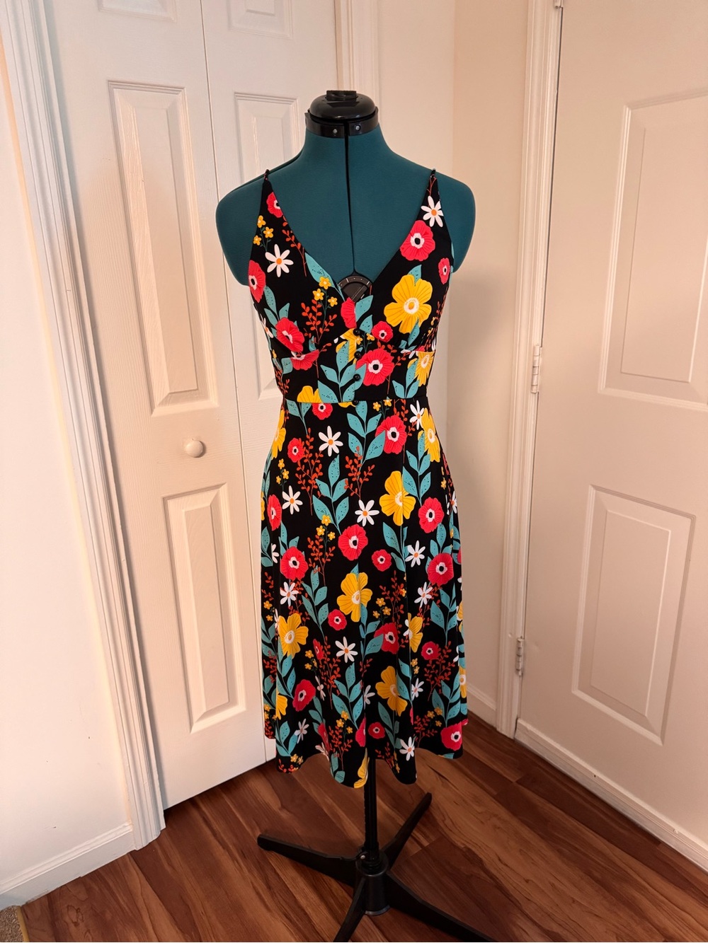 Black Floral V-Neck Midi Dress with Red & Yellow Blooms